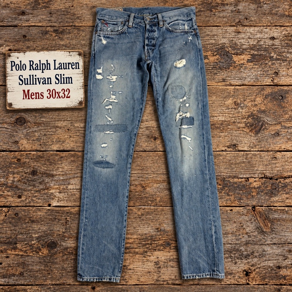 Polo Ralph Lauren Sullivan Slim Distressed Patchwork Jeans Mens 30x32 Light Wash
